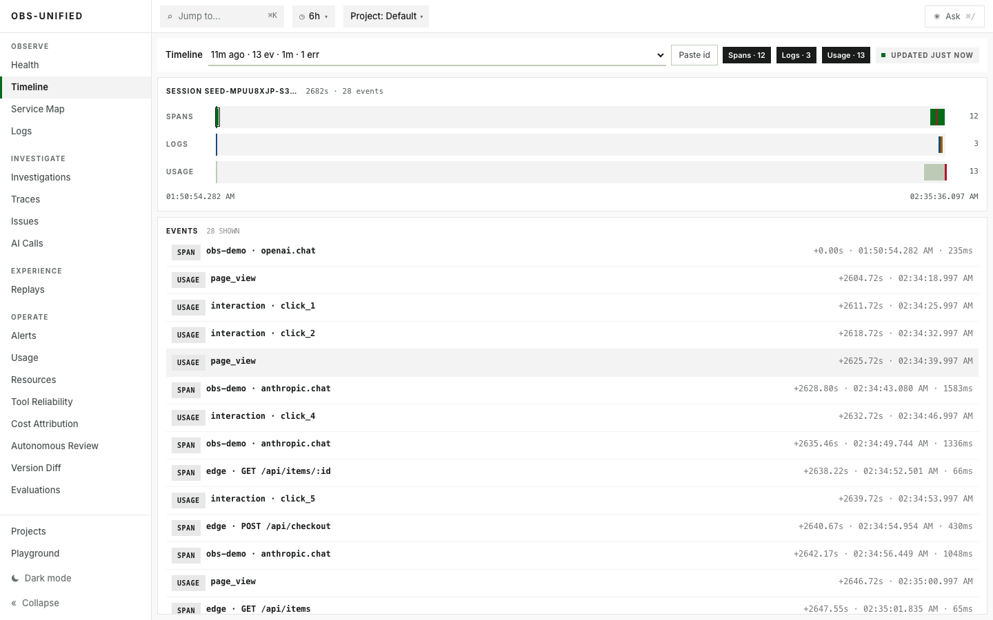 Unified timeline in the Observability Unified dashboard